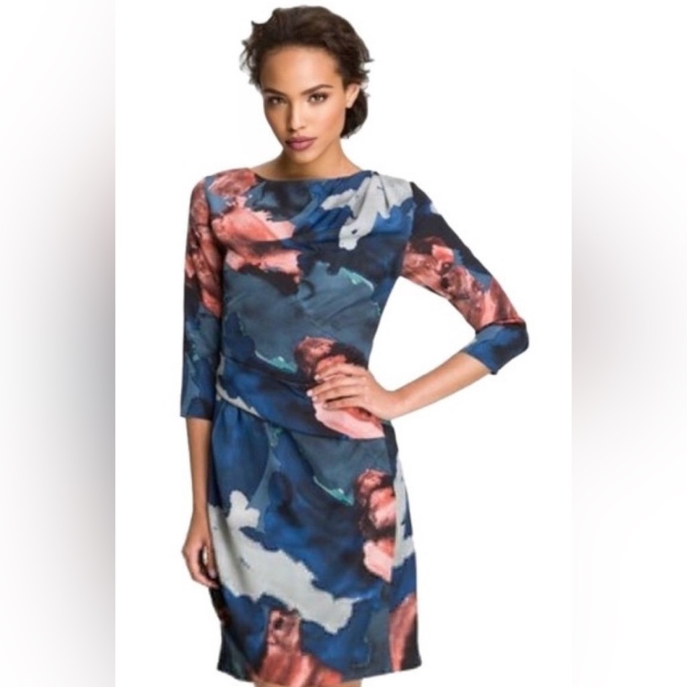 Vince Camuto‎ Women’s 10 Watercolor Crepe 3/4 Sleeve Knee Dress New High Neck